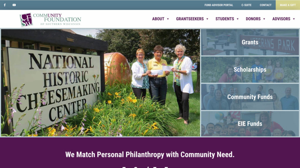 Screenshot of Community Foundation of Southern Wisconsin homepage on May 5, 2020