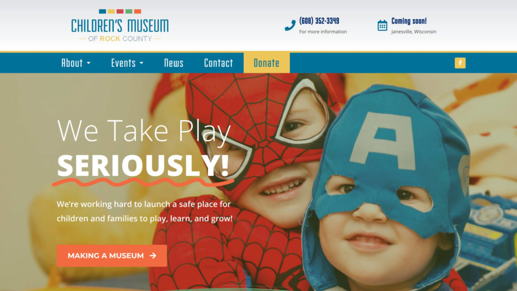 Screenshot of Children's Museum of Rock County homepage from March 27, 2020