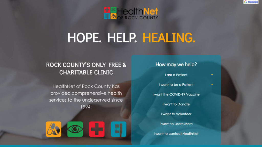 Screenshot of HealthNet of Rock County homepage from May 21, 2021
